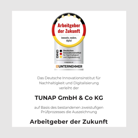 Tunap als Arbeitgeber der Zukunft 2023 ausgezeichnet